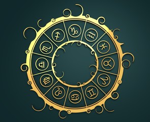 Wall Mural - Astrological symbols in the circle. Golden emblem. Metallic material. 3d rendering