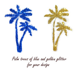 Blue and golden palm trees of glitter on white background. Interesting elements for your design 