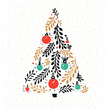 Hand Drawn Christmas Tree Decorated With Red And Green Balls. Greeting Card Vector Design.