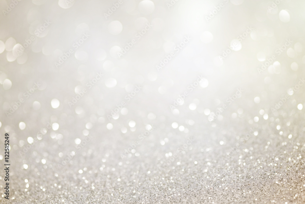 Silver glittering christmas lights. Blurred abstract holiday background - obrazy, fototapety, plakaty 