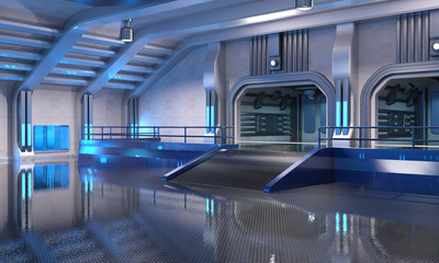 3d render of Sci-Fi hangar blue interior background illuminated with blue neon lights