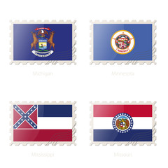 Wall Mural - Postage stamp with the image of Michigan, Minnesota, Mississippi, Missouri flag.