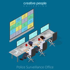 Wall Mural - flat isometric policemen watch monitor vector illustration. 3d