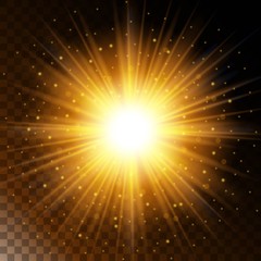 Set of glowing light effect star, the sunlight warm yellow glow with sparkles on a transparent background. Vector illustration