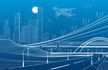 Wall Mural - Car overpass, city infrastructure, urban plot, plane takes off, train move on the bridge, transport illustration, white lines on blue background, vector design art