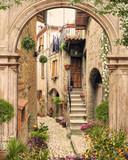 Fototapeta Uliczki - Old arch with open doors. Flovers and antique street view