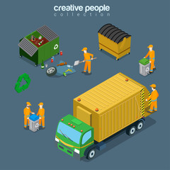 Wall Mural - Flat isometric garbage man junk car vector City Services 3d