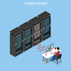 Wall Mural - flat isometric man computer connected server vector. 3d software