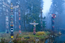 West Coast First Nations Totem Poles At Totem Park, Brockton Point, Stanley Park, Vancouver, British Columbia