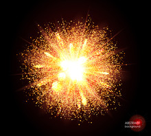 Explosion Of Supernova. Bright Cosmic Yellow Fire Background. Glowing Space. Bundle Of Energy. Cloud Of Dust And Light On Black. Fireworks, Holiday.  Abstract Composition. Vector Illustration EPS10