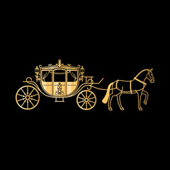 Carriage golden silhouette with horse. Vector horse carriage gold silhouette on black background