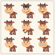Vector set isolated funny bull. Collection cute bulls in cartoon style.