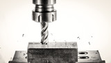 cnc milling machine - spindle with cutter, flying metal splinter