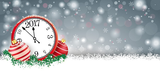 Wall Mural - Long Gray Christmas Card Red Baubles Clock 2017