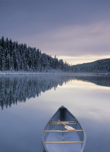 Canoe On Winchell Lake After First Snowfall, Alberta, Canada.