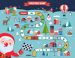 Christmas village map, winter town, board game with illustrations, icons and characters. Merry Christmas background