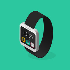 Wall Mural - white smart watch isometric style with black bracelet vector illustration isolated on green color ba
