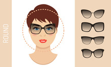Woman Sunglasses Shapes For Round Women Face Type. Various Forms Of Summer Glasses For Round Face. Fashion Collection. Vector Set.