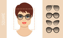 Woman Sunglasses Shapes For Square Women Face Type. Various Forms Of Summer Glasses For Square Face. Fashion Collection. Vector Set.