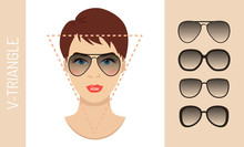 Woman Sunglasses Shapes For Triangle Women Face Type. Various Forms Of Summer Glasses For Triangle Face. Fashion Collection. Vector Set.
