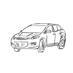 Black and white hand drawn car on white background, illustrated