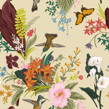 Vector Seamless Vintage Floral Pattern. Exotic Flowers And Birds. Botanical Classic Illustration. Colorful