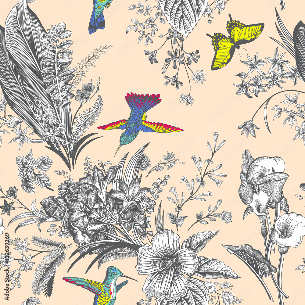 Vector seamless vintage floral pattern. Exotic flowers and birds ...