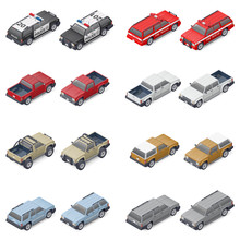 Isometric SUVs, Pickup Trucks, And Service Vehicles Of Police Or Fire Brigade Set Icon