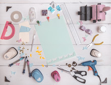 Top View Of The Table With Tools For Scrapbooking