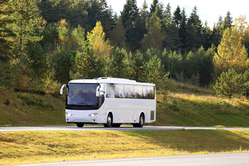 Wall Mural - white coach bus travel in autumn