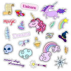 fashion patch badges. magic set. stickers, pins, patches, cute magic collection with unicorn and rai