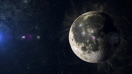 Wall Mural - moon on nebula background. solar system planet 3d rendering.