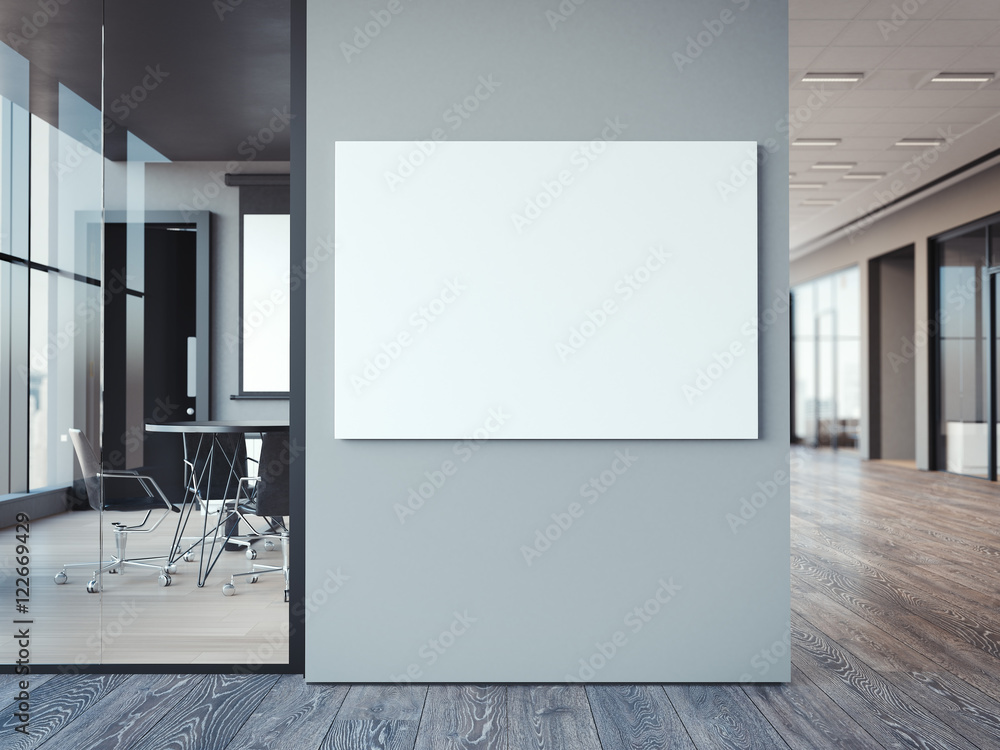 Obraz na płótnie Empty white canvas on the office gray wall. 3d rendering w salonie