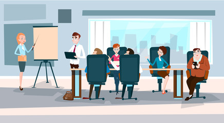 Canvas Print - Business People Team With Flip Chart Seminar Training Conference Brainstorming Presentation Financial Graph Flat Vector Illustration