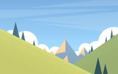 Wall Mural - Summer Landscape Mountain Forest Sky Woods Flat Vector Illustration