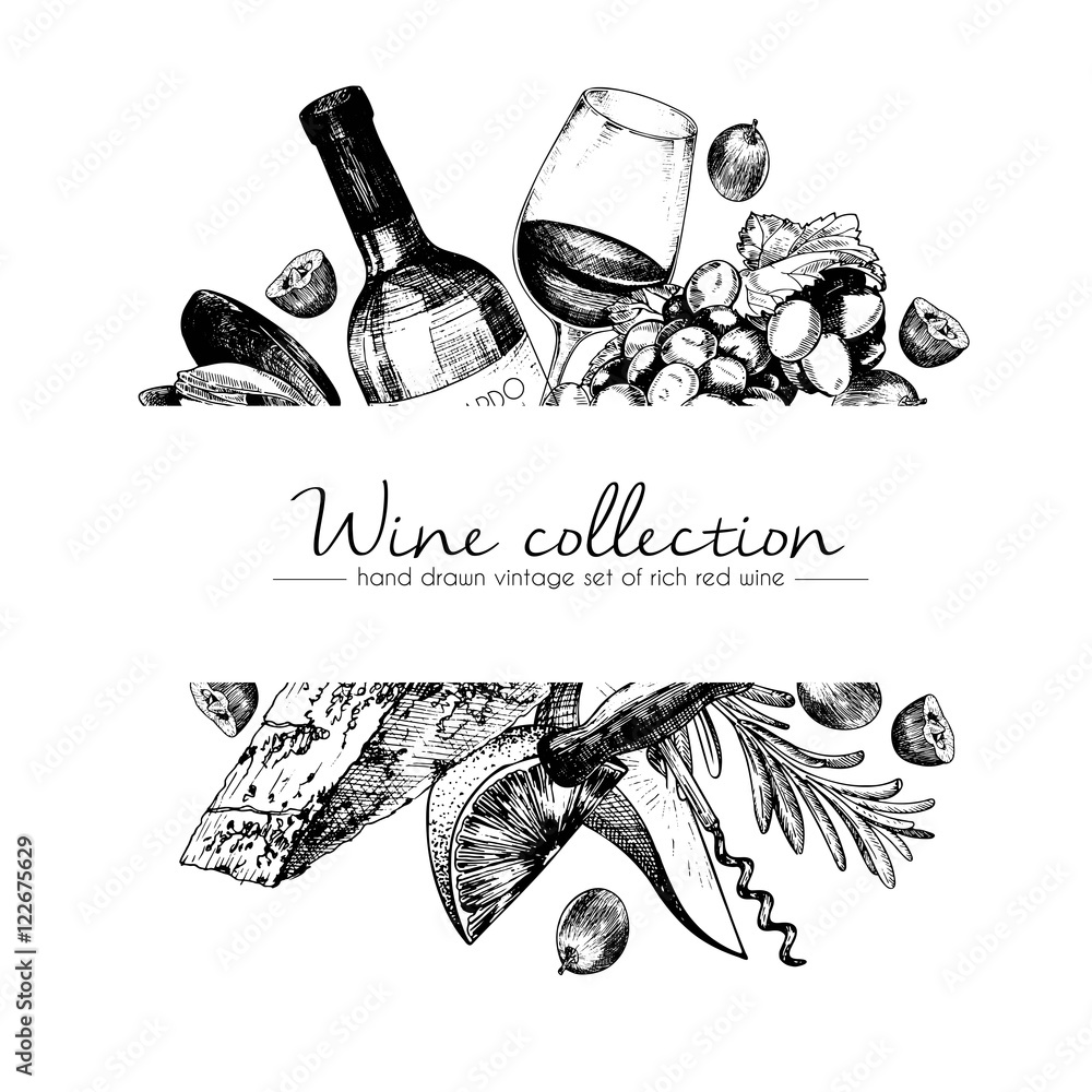 Vector hand drawn template illustration of wine and appetizers. Bottle, glass, corcksrew, cheese, fruits ans cpices. Vintage engraved style art. For restaurant, menu, shop, market, sale. - obrazy, fototapety, plakaty 