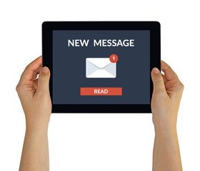 Hands holding tablet with new message concept on screen. All screen content is designed by me