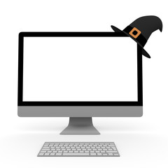 personal computer with witch hat for halloween