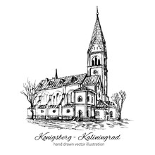 The Church Of Queen Luisa, Luizenvahl, Landmark Of The City Of Kaliningrad, Russia, Is Main Symbol Of The Konigsberg, Vector Hand Drawn Ink Urban Sketch Isolated On White, Historical Building Line Art