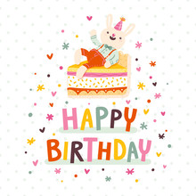 Happy Birthday Card With Bunny And Cake
