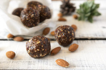 Vegan Sweet Delicious Almond Cocoa Balls Healthy And Tasty Food On Wooden Table