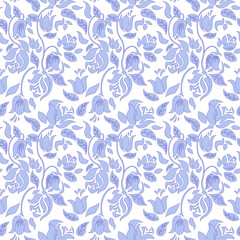  Blue and white tulip and rose floral textile vector seamless pattern.
