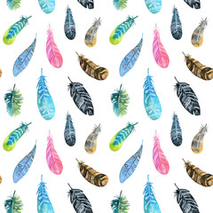 Wall Mural - Seamless boho pattern with watercolor feathers