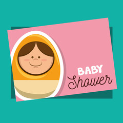 baby shower card with  matryoshka toy cartoon over turquoise background. colorful design.vector illustration