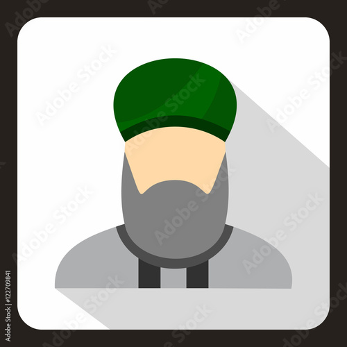 Fotografia, Obraz Muslim man with beard in green turban icon in flat style on a white background v