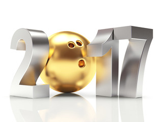 Wall Mural - Silver 2017 New Year and golden bowling ball. 3D illustration