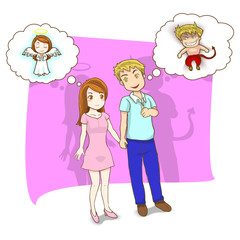 vector illustration of man and woman in different thinking. man think evil to a woman, while woman think well to a man.