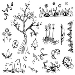 Wall Mural - flower and tree doodle from free hand  drawing vector set