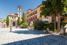 Sunny View Of Square And Street Of Granada, Andalusia Province, Spain.
