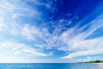 Wall Mural - Beautiful seascape. Beach with blue cloudy sky.